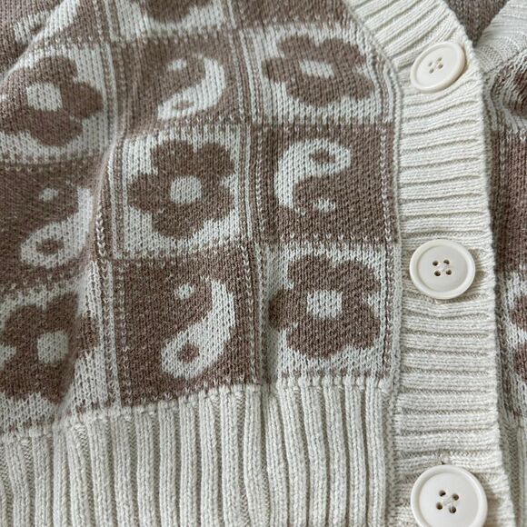 American Eagle Brown Cream Floral Cropped Cardigan Sweater M - Picture 2 of 6
